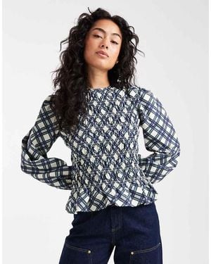 ASOS Slash Neck Shirred Long Sleeve Top - Blue