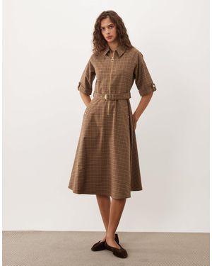 Barbour Carville midikleid mit kurzen ärmeln, tartan-karo, reißverschluss und gürtel - Natur