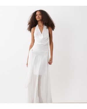 Fashionkilla Exclusive Chiffon Halterneck Cowl Neck Knot Detail Sheer Hem Maxi Dress - White