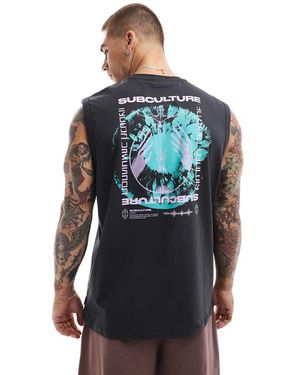 Only & Sons Canotta Oversize Antracite Con Stampa "Subculture" Sul Retro - Blu