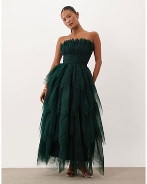 LACE & BEADS Tulle Bandeau Tiered Maxi Dress - Green