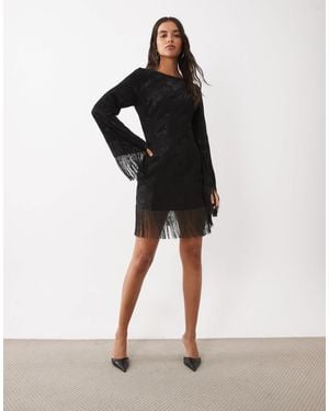 ASOS Jacquard Slash Neck Fringed Mini Dress - Black