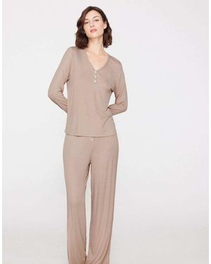 Tezenis Long Ribbed Viscose Pyjamas - Natural