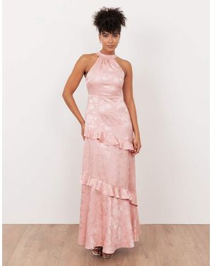 Maya Floral Jacquard Satin Halter Neck Maxi Dress - Pink