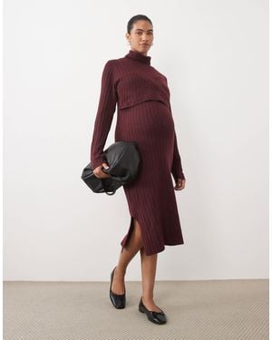 Mama.licious Mamalicious maternity robe midi en maille côtelée douce avec fonction d'allaitement en bordeaux chiné - Rouge