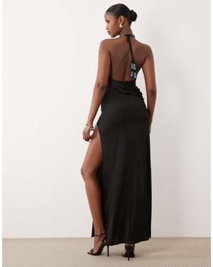 Oh Polly Embellished Halter Neck Drape Detail Maxi Dress - Black