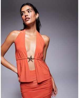 Fashionkilla Double Sculpted Slinky Starfish Metal Trim Halterneck Peplum Top Co-ord - Red