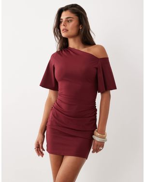 The Frolic Exclusive Slinky Asymmetric Off Shoulder Ruched Side Mini Dress - Red