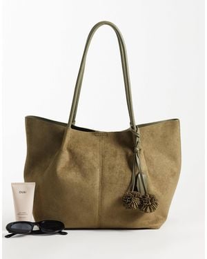 ASOS Faux Suede Tubular Handle Tote Bag With Internal Pouch And Detachable Charm Detail - Natural