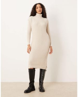 Y.A.S Premium Roll Neck Rib Knit Midi Dress - Natural