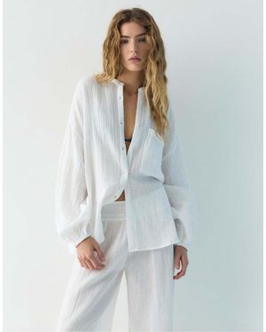 Pull&Bear Chiffon Stand Collar Shirt - Blue