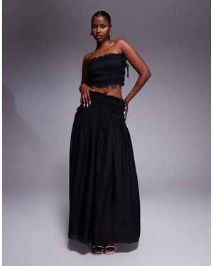 Wanderdoll Soulie Linen Look Ruffle Trim Tie Detail Shirred Dropped Waist Maxi Skirt Co-ord - Blue