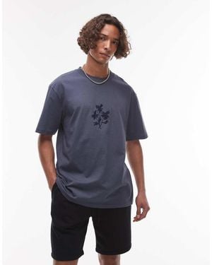 TOPMAN T-Shirt Premium Oversize Con Fiori Ricamati - Blu