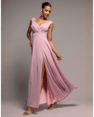 Goddiva Crossover Lurex Glitter Maxi Dress - Pink