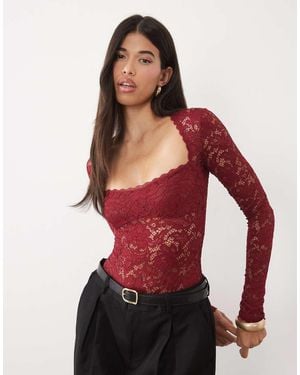 Oh Polly Lace Square Neck Long Sleeve Bodysuit - Red