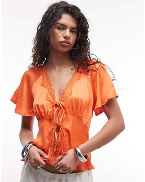 Reclaimed Vintage Tie Front Top With Lace Trim - Orange