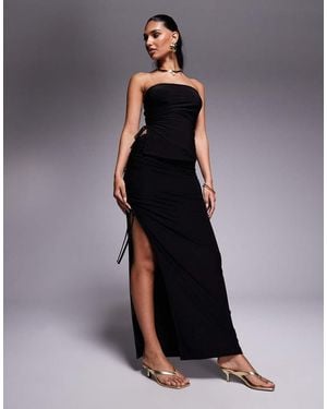 Kaiia Exclusive Double Layered Slinky Tie Side Thigh Split Maxi Skirt Co-Ord - Black
