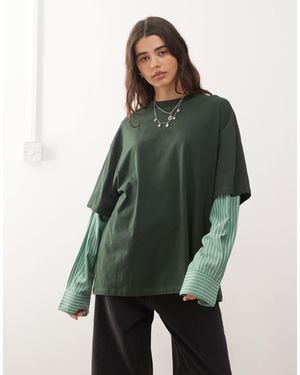 Lioness 2 In 1 Oversized T-shirt Overlay And Striped Long Sleeve Shirt In Dark And Stripe - Green