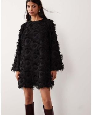 Y.A.S Fluffy Textured Long Sleeve Mini Dress - Black