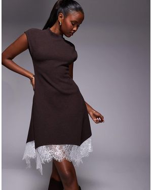 ASOS High Neck With Hanky Hem And Lace Trim Mini Dress - Brown