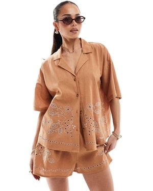 ASOS Short Sleeve Shirt With Revere Collar With Broderie Detail - Brown