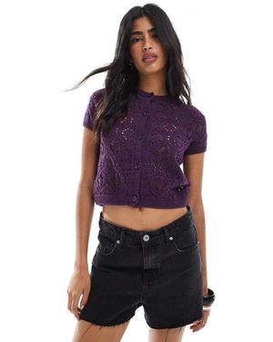 Miss Selfridge Knitted Crochet Short Puff Sleeve Cardigan - Purple