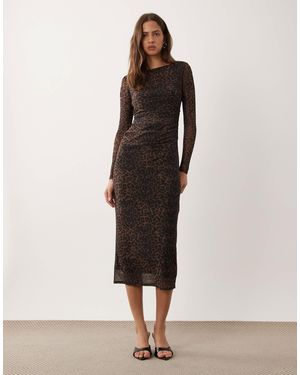 New Look Midikleid aus mesh mit raffungen und em leopardenmuster - Braun