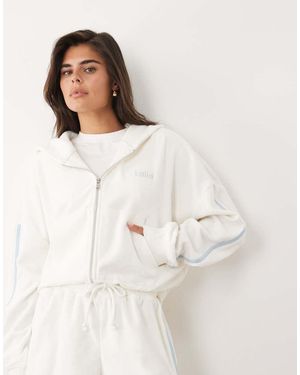 Kaiia Cotton Rich Embroidered Logo Oversized Zip Up Side Stripe Towelling Hoodie Co-ord - Natural