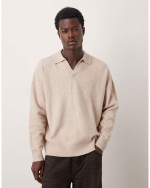 ASOS Oversized Brushed Knitted Notch Neck Sweater - Natural