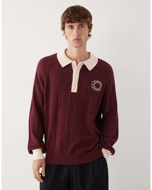 Prohibited Long Sleeve Oversized Emblem Logo Knit Polo - Red