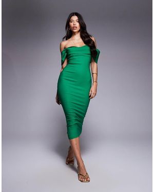 Vesper Vestido Semilargo Verde Ajustado Con Escote Bardot De Bengalina De