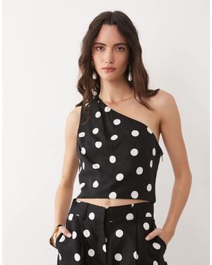 Mango Abrei Linen Mix One Shoulder Crop Top - Black