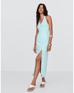 Bershka Midi Jurk Van Linnenmix Met Halternek - Blauw