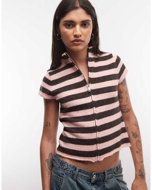 Collusion Cardigan A Righe Con Collo Alto - Rosa