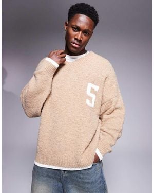 ASOS Oversized Boxy Fit Boucle Knitted V Neck Jumper With Chest Pattern And Tipping - Grey