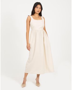 Brave Soul Kleid mit eckigem ausschnitt, smock-detail, midi-länge und taschen - Natur