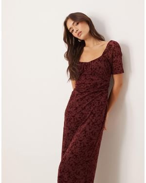 ASOS Lace Devore Puff Sleeve Midi Tea Dress - Red
