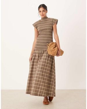ASOS High Neck Shirred Maxi Dress With Dropped Waist - Natural