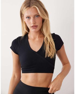 4505 Seamless Baby Rib Wrap Front Short Sleeve Top - Black
