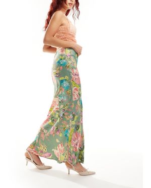 emory park Blurred Floral Print Satin Maxi Skirt - Green