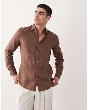 Mango 100% Linen Long Sleeve Shirt - Brown