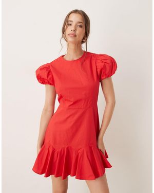 Sister Jane Puff Sleeve Ruffle Hem Mini Dress - Red