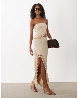 ASOS Co-ord Crinkle High Split Skirt With Tassel Detail - Natural
