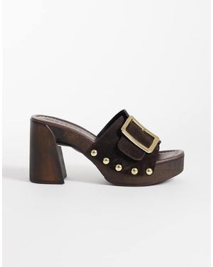 ASOS Hometown Premium Oversized Buckle Detail Heeled Mule Clogs - Brown