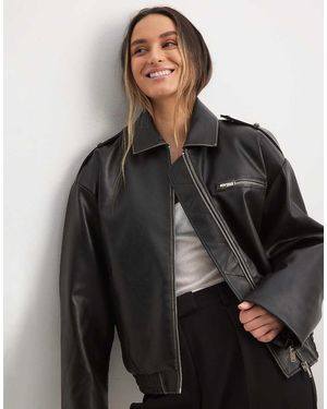 NA-KD Chaqueta Bomber Negra De Cuero Sintético Efecto Lavado De - Negro