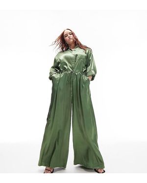 Topshop Curve Premium Satin Button Down Jumpsuit - Green