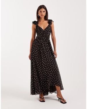 Forever New Vestido Semilargo Marrón Con Estampado De Lunares Y Volantes En Los Hombros De - Multicolor