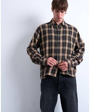 TOPMAN Relaxed Fit Crop Flannel Shirt - Black