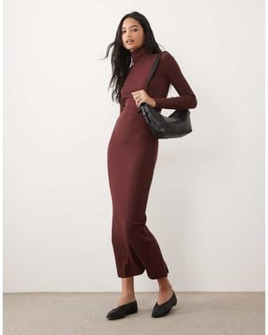 Brave Soul Ribbed Long Sleeve Roll Neck Maxi Dress With Slit Detail - Multicolour