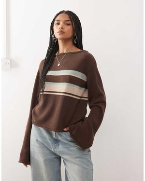 Reclaimed Vintage Flared Sleeve Knitted Top With Stripe Panel - Brown